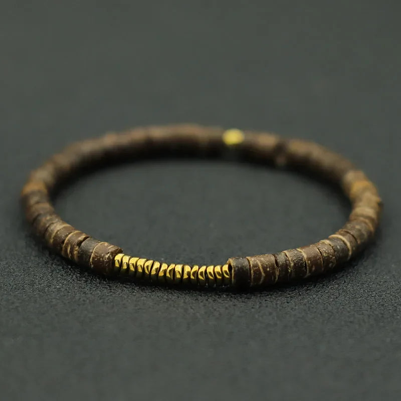 4mm Antique Gold Hematite Stone Bracelet for Men — Natural Wooden Beaded Meditation Bracelet Pulsera Brazalete