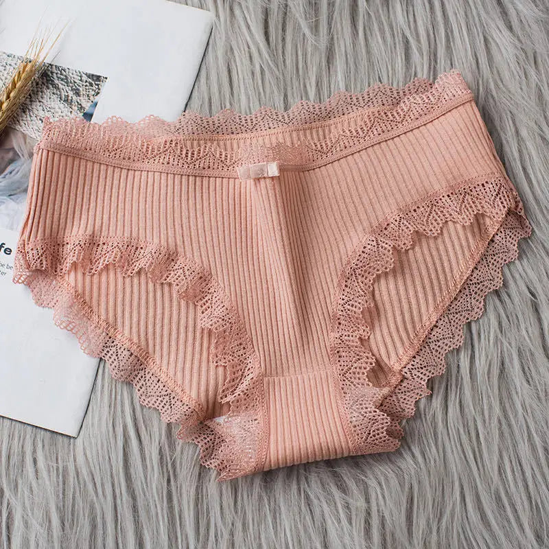 4 Pcs Lace Wavy Trim Bikini Panties - Comfy & Breathable Elastic Women’s Lingerie & Underwear