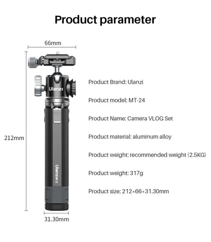 Ulanzi MT-24 Vlog Lite Metal Tripod – Extendable Monopod with Ballhead, Cold Shoe, Arca Quick Release, 1/4" Mount, 2.5KG Max Load