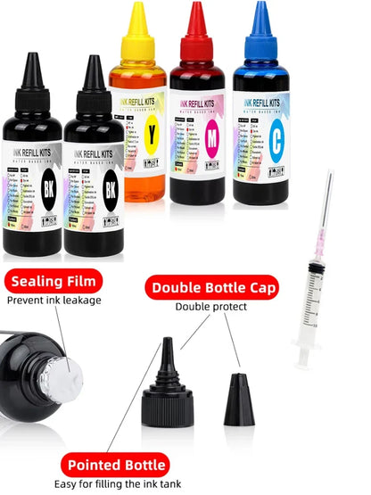 100ml Universal Dye Ink Refill Kit - BK CMY Compatible with HP Canon Epson Brother Inkjet Printers & CISS Cartridges