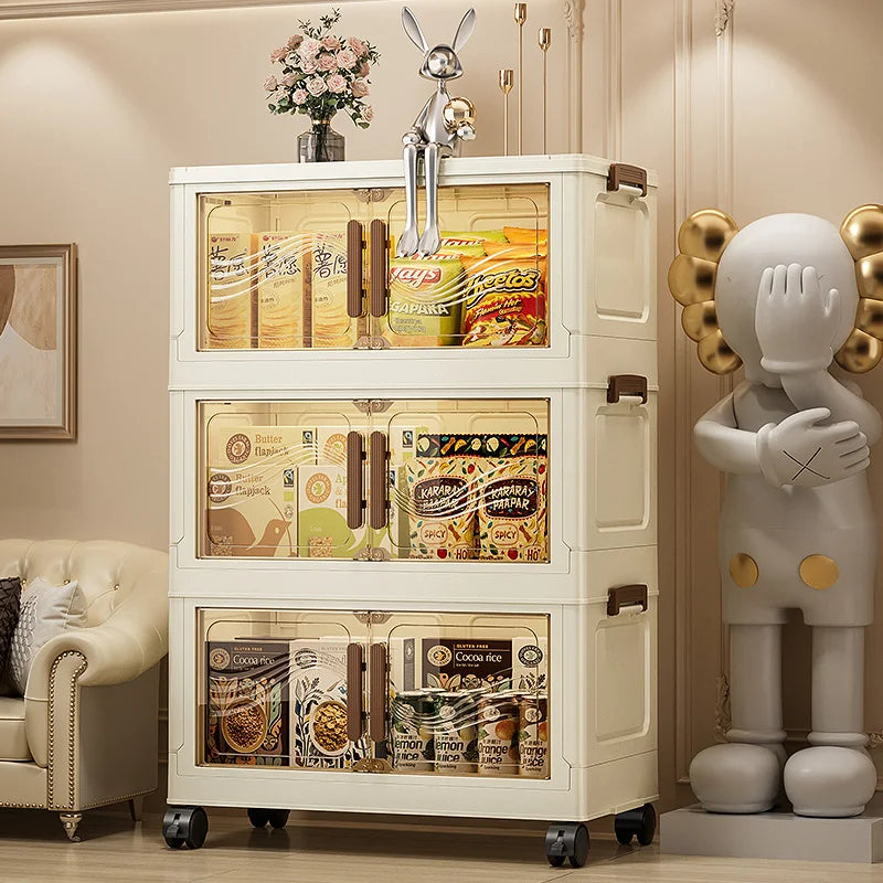 Foldable Multi-Layer Storage Box with Wheels — Plastic Cabinet for Clothes, Books & Kitchen Organization