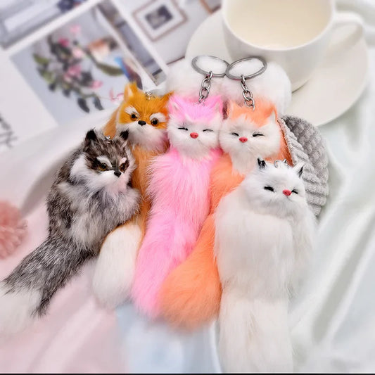 Fluffy Cartoon Fox Keychain – Cute Personalized Key Rings for Kids, Women, Car & Bag Accessories