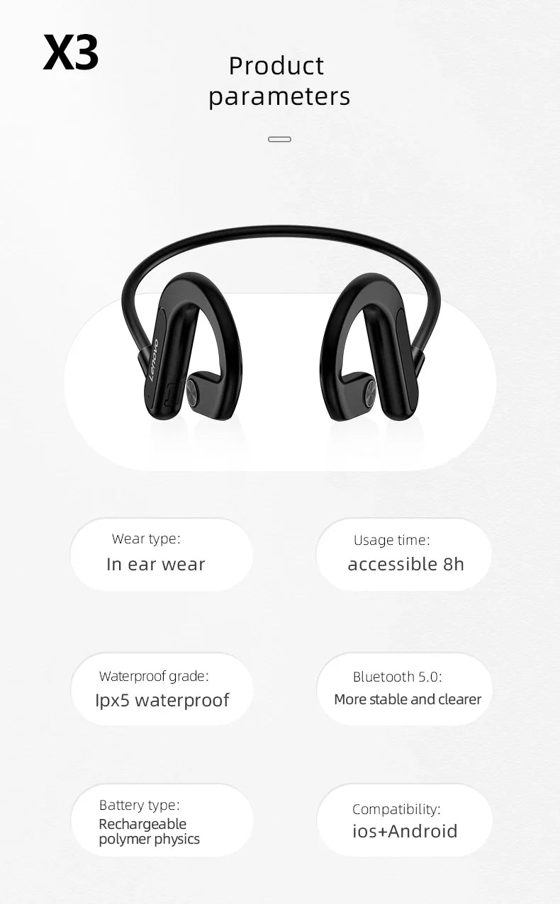 Lenovo X3 Pro Bone Conduction Earphones – Wireless Bluetooth HiFi Ear-Hook Headset with Mic, Waterproof Earbuds