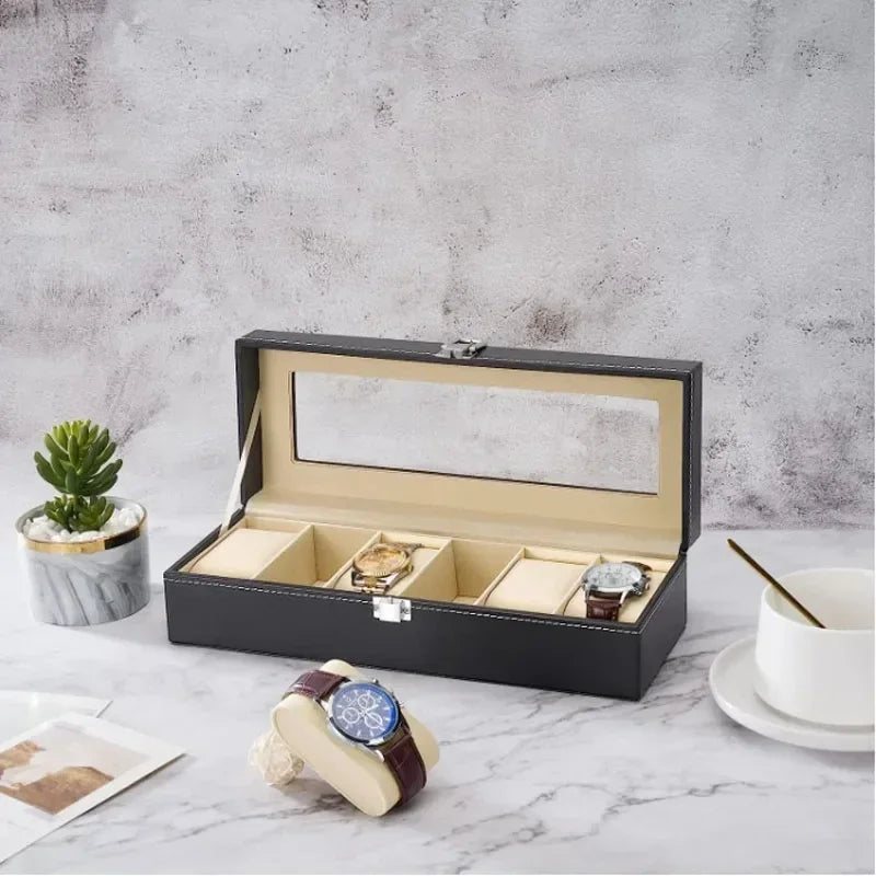 PU Leather Watch Display Box — Glass Top Storage Organizer with Slots for Men’s Watches, Perfect Gift