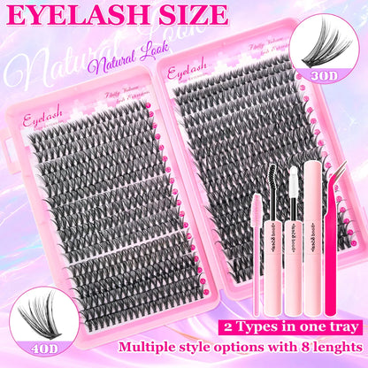 720/200pcs Eyelash Extension Kit – Fluffy Wispy Lash Clusters with Bond & Seal, Tweezers & Tools for Thick Volume DIY Lash Extensions