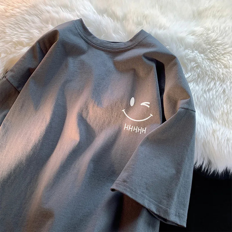 Men's & Women's Smiling Face T-Shirt — Funny Fashion Oversized Short-Sleeve Couple Top, American Basic Loose Pullover
