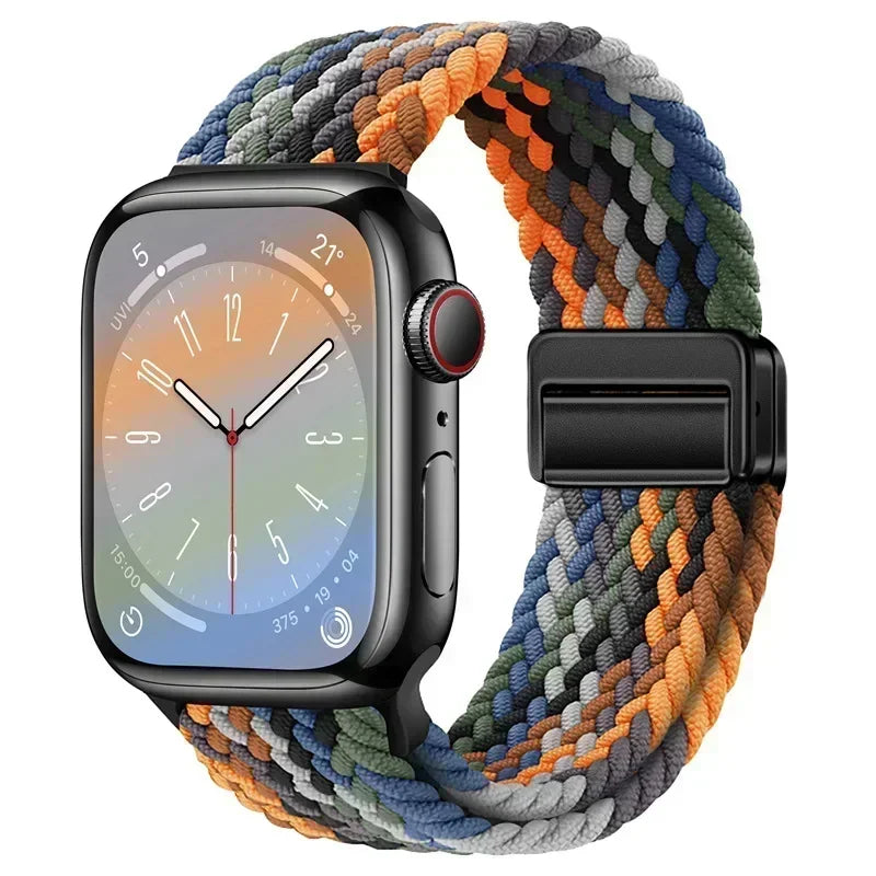Nylon Braided Loop Apple Watch Band – Magnetic Metal Bracelet Strap for Ultra 2, Series 3–9 & SE (40mm–49mm) Adjustable Wristband
