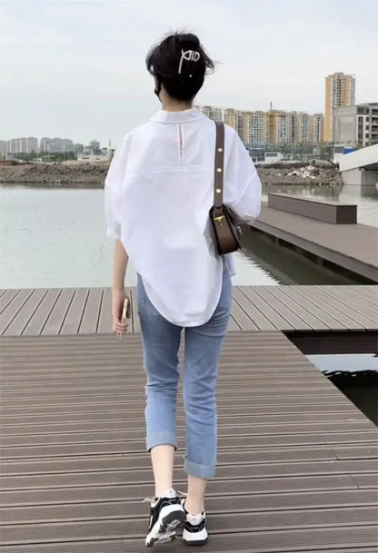 2025 Women’s Cotton Mid-Sleeve Loose Blouse – Casual Irregular Summer Shirt Korean Fashion