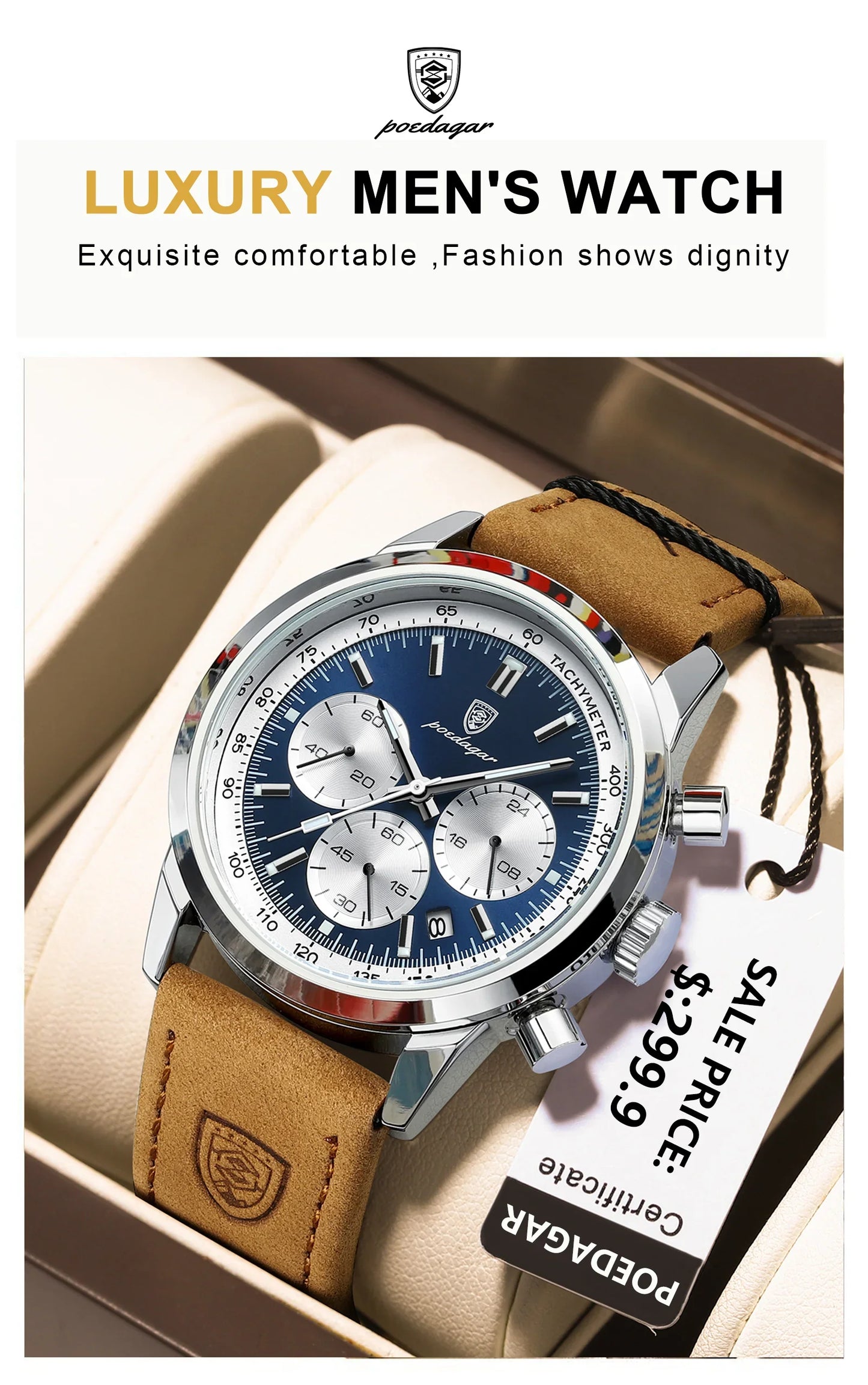 POEDAGAR Men's Luxury Sports Watch – Genuine Leather, Chronograph, Waterproof, Luminous Quartz Wristwatch