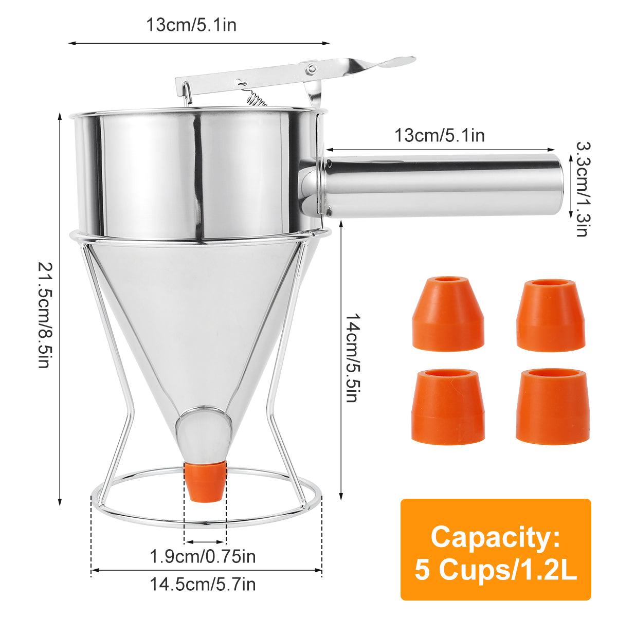 Stainless Steel Pancake Batter Dispenser with Stand – Multi-Caliber Funnel for Cupcakes & Baking Tools