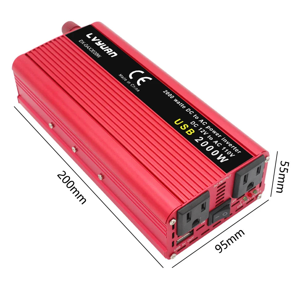 1500W-2600W Car Power Inverter – Portable DC12V to AC110V Charger for Phone, Laptop, Camera with US Socket