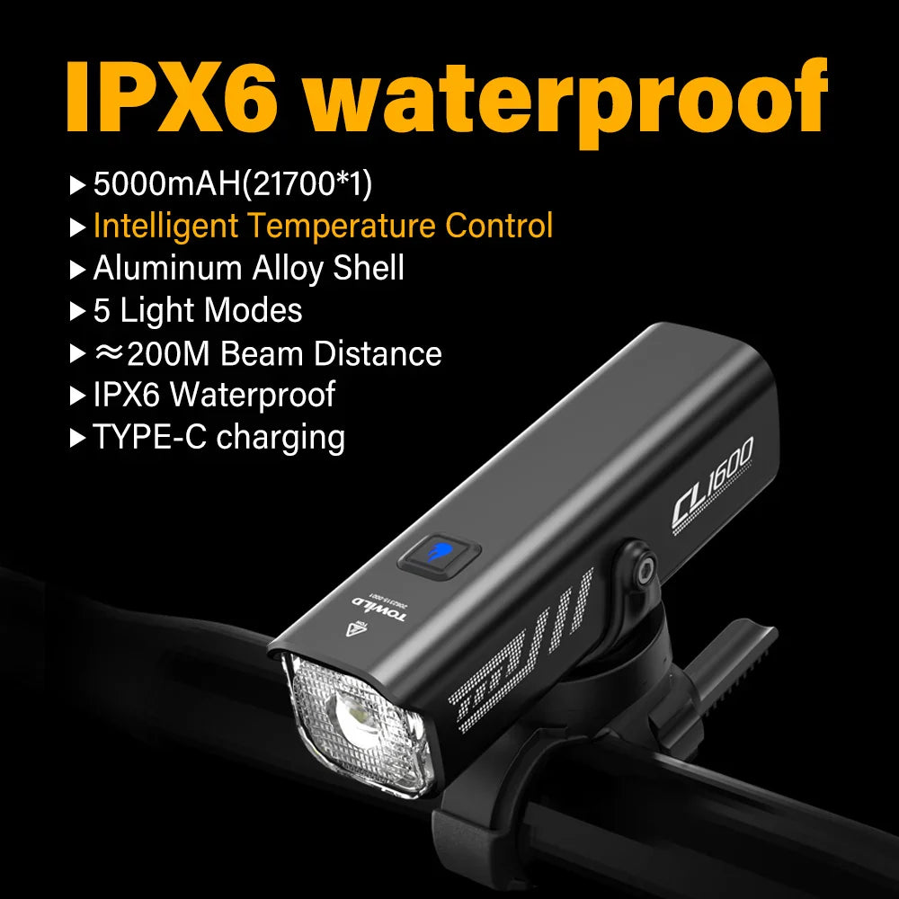 TOWILD 1600LM Bicycle Front Light — 5000mAh IPX6 Aluminum MTB & Road Bike Headlight with Type-C Charging