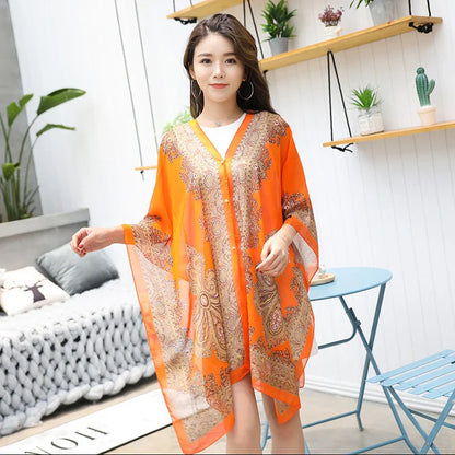 Women’s Summer Beach Shawl – Loose Chiffon Bikini Cover-Up Blouse with Buttons Sun Protection Scarf