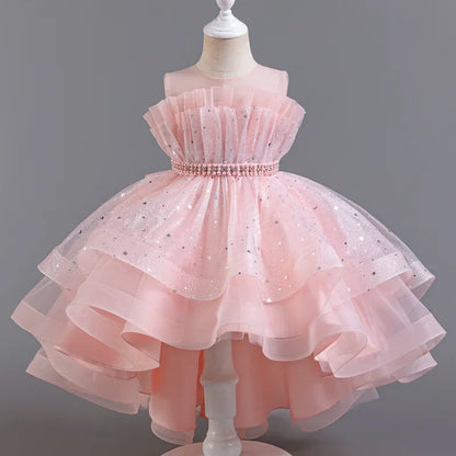 Lace Mesh Girls’ Party Dress - Sleeveless Solid Color Summer Evening Dress for Ages 3–12