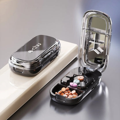Quartering Pill Cutter & Storage Box – Portable Dustproof Medicine Tablet Crusher with Divider Organizer