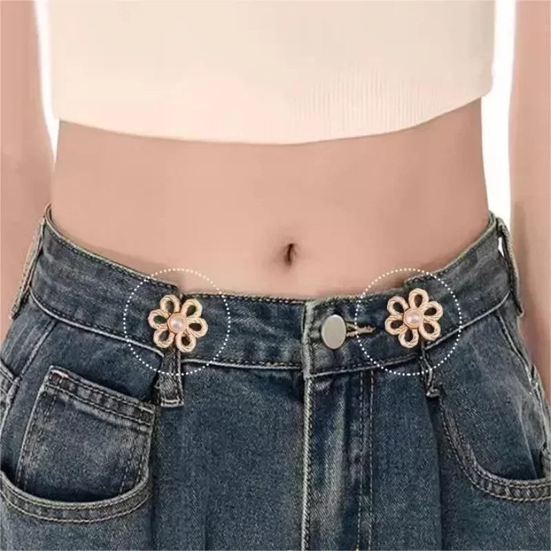 2-Pair Adjustable Waist Buckle Set - Metal Flower Pants & Skirt Waist Tightener Clips for Size Adjustment