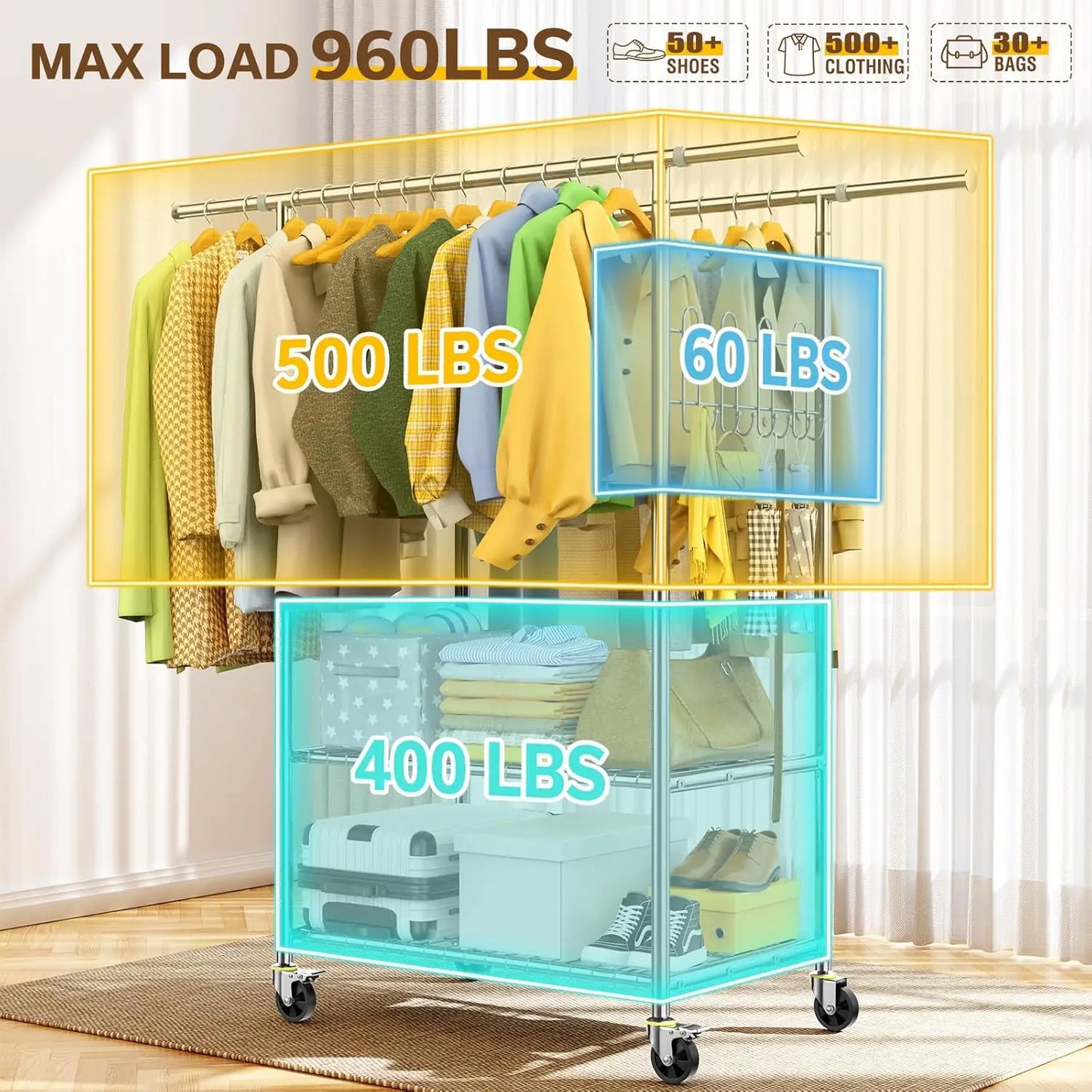 100% Stainless Steel Heavy Duty Clothes Rack – Double Rod Clothing Rack with 960LBS Load Capacity