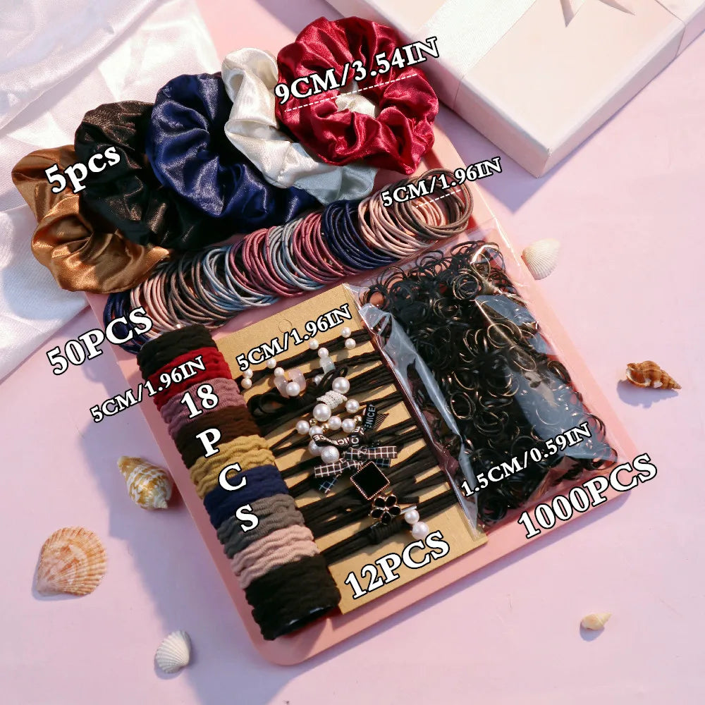 1085PCS Dark Hair Accessories Set - Seamless Ponytail Holders, Scrunchies, Hairbands & Ties for Women