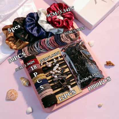1085PCS Dark Hair Accessories Set - Seamless Ponytail Holders, Scrunchies, Hairbands & Ties for Women