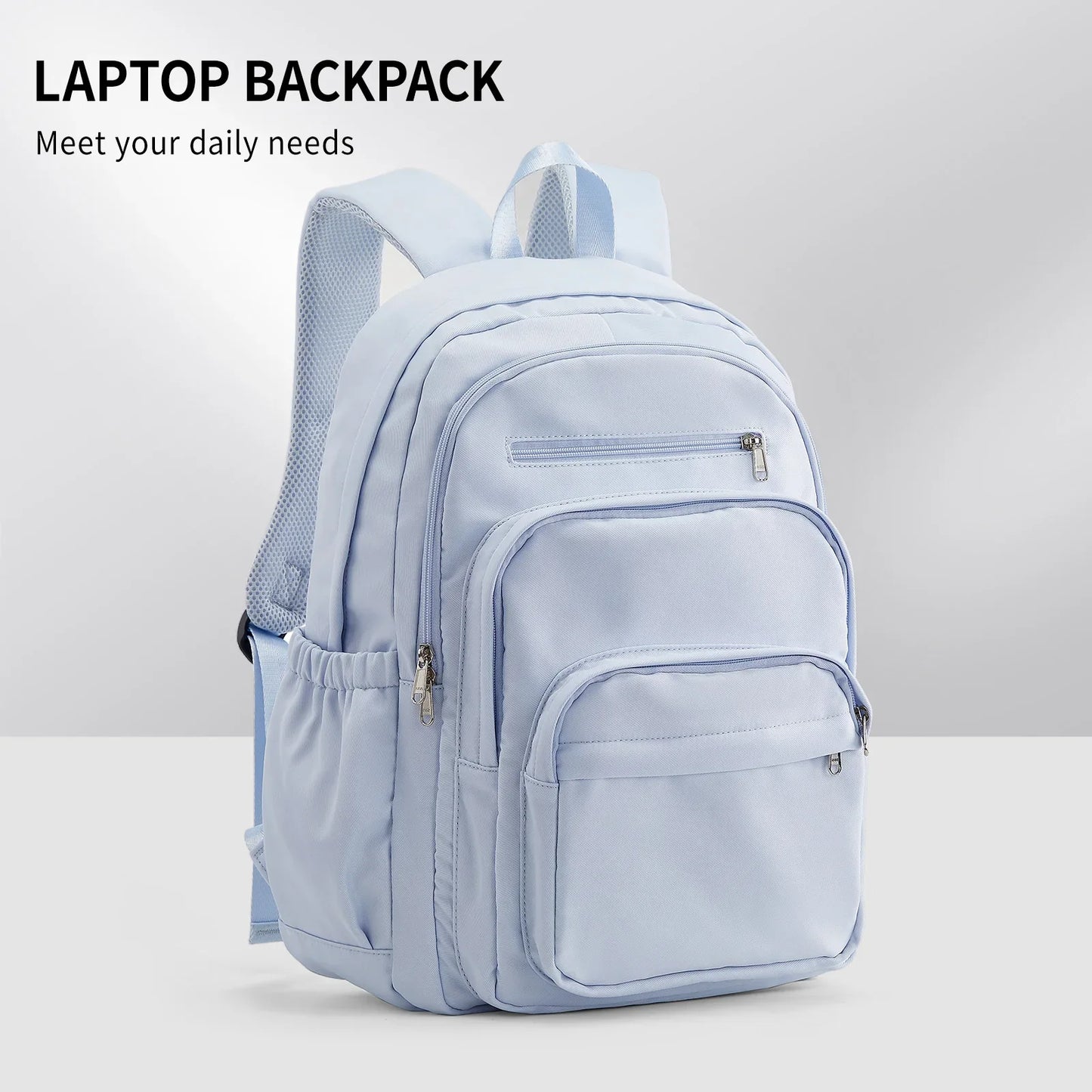 Light Blue Casual Nylon Backpack for Women – Multi-Pocket Durable School, College & Travel Bookbag with Spacious Design