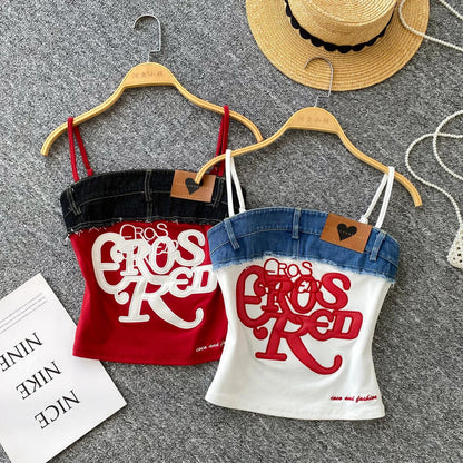 SINGREINY Y2K Denim Patchwork Crop Top — Women’s Retro Letter Embroidery Slim Streetwear Strap Top