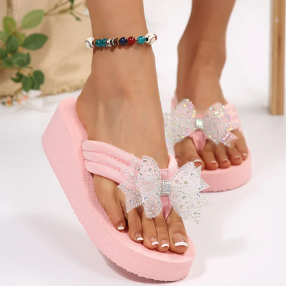 Pink Crystal Flower Wedge Heels - Women’s Platform Clip Toe Beach Sandals