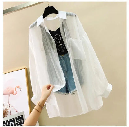 Summer Sunscreen Shirt – Elegant Thin Chiffon Korean Harajuku See-Through Loose Blouse & Casual Women’s Cardigan