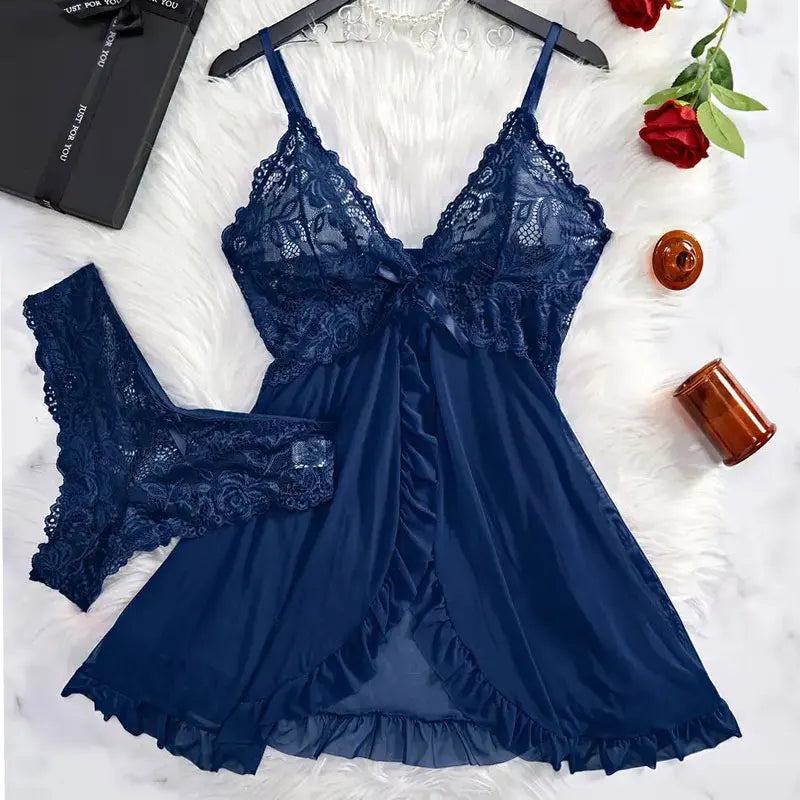 Women’s Lingerie Set — Plus Size Lace Nightgown, Thong & Suspender Sexy Sleepwear