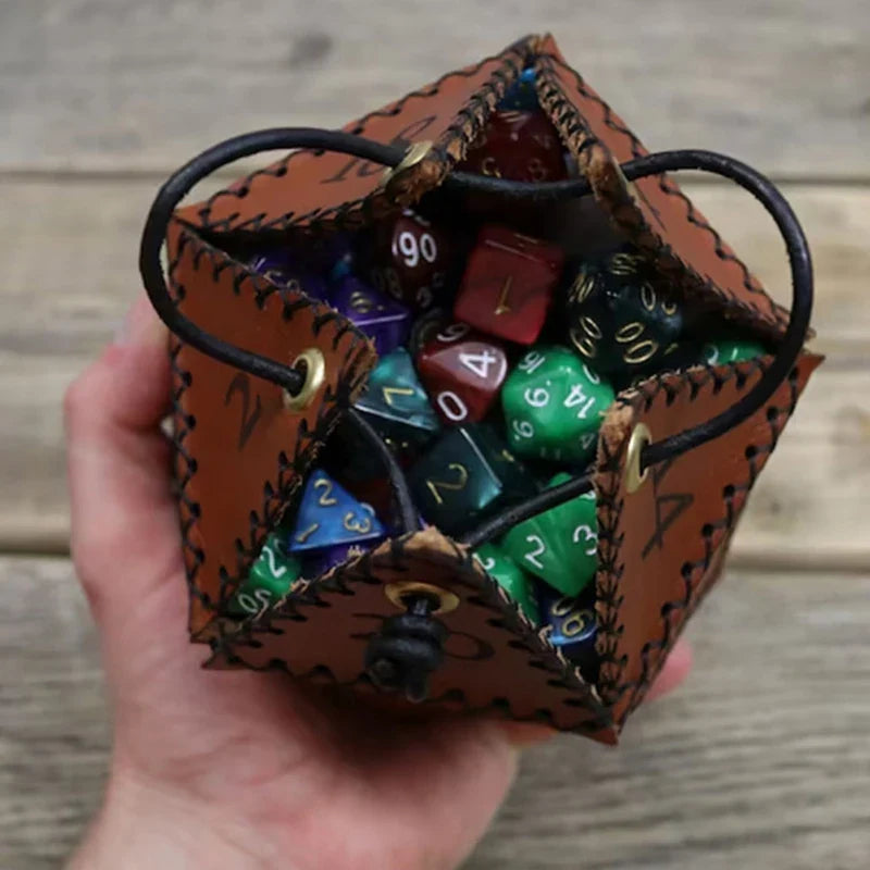 New D20 Dice Bag - Polygonal Leather Storage Box with Reinforced Drawstring for Daily Use & Gift
