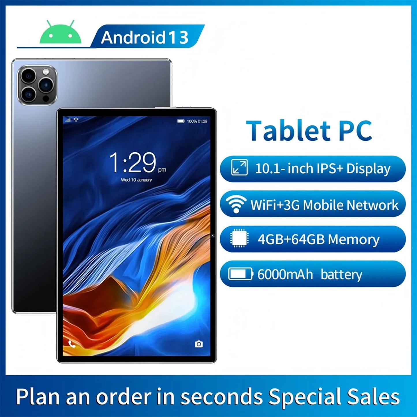 BDF 10.1" Android Tablet – Octa-Core, Dual SIM, 3G Call, Dual Cameras, 4GB RAM 64GB ROM, WiFi & Bluetooth