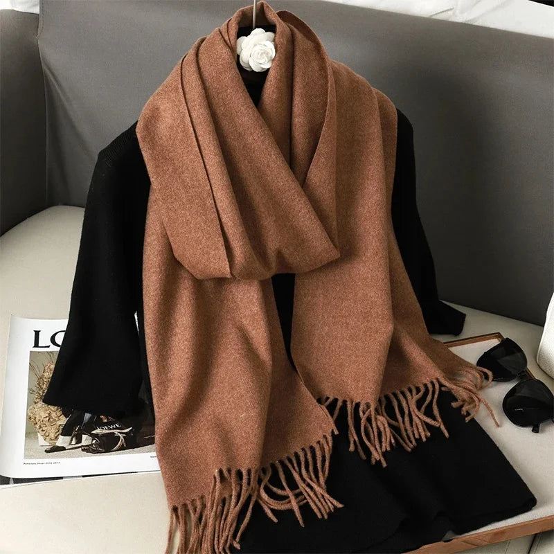 62-Color Solid Women’s Winter Scarf — Thick Warm Cashmere Pashmina Shawl with Tassels, Outdoor Luxury Wrap, Windproof Fashion Scarf