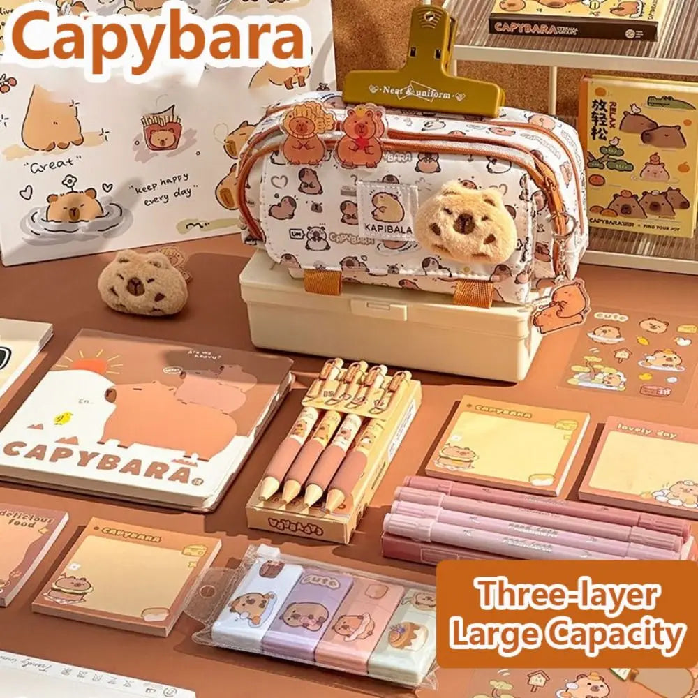 INS Capybara Four-Layer Large Capacity Pen Bag - Cute Cartoon Pencil Case, Stationery Organizer & Storage Bag for Students, Perfect Gift
