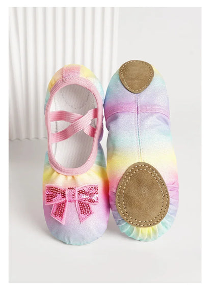 Girls Ballet Dance Shoes — Rainbow Bow Sequin Leather Soft Sole Flats for Performance & Practice