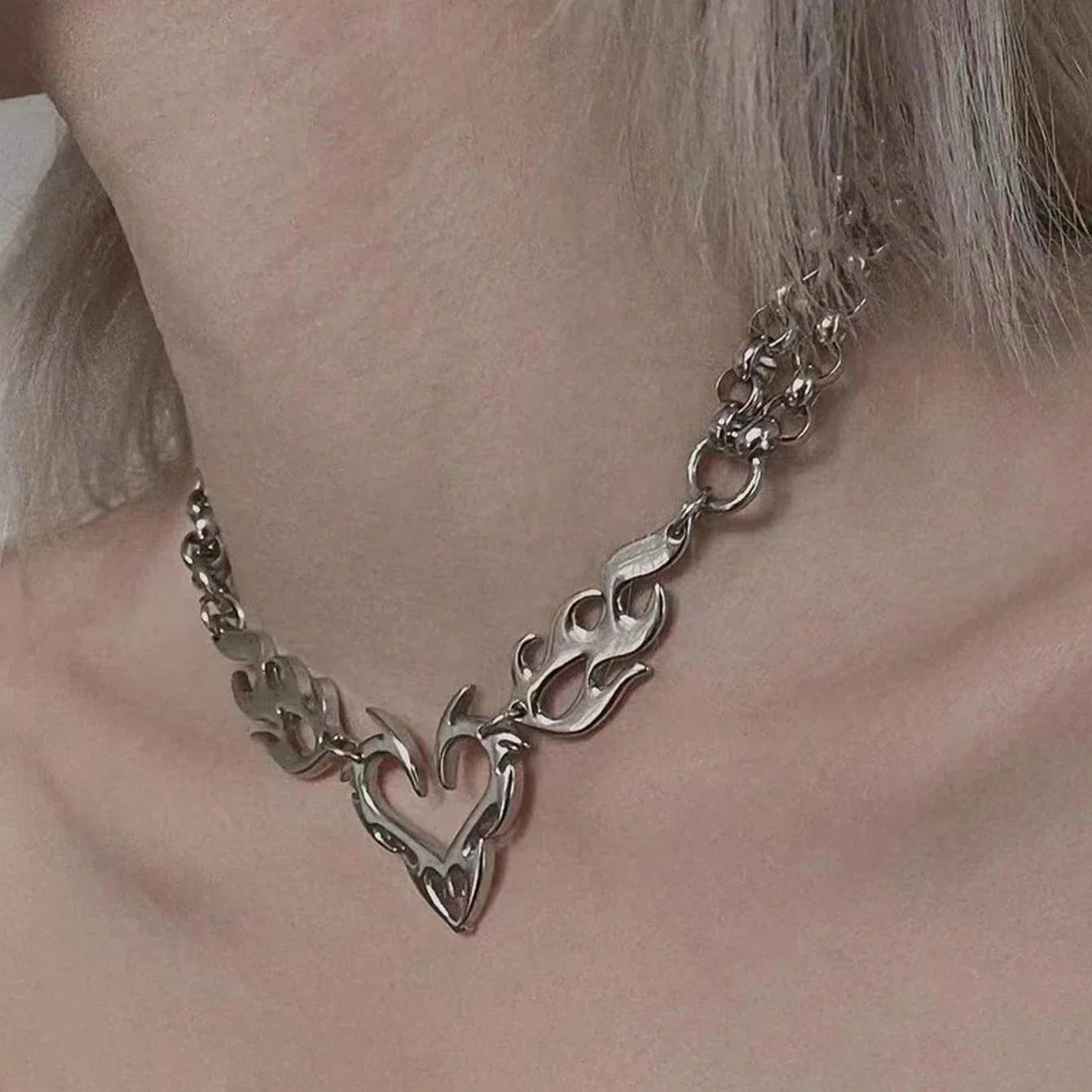 Y2K Punk Silver Flame Heart Pendant - Hip Hop Party Necklace Jewelry Gift for Women