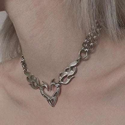 Y2K Punk Silver Flame Heart Pendant - Hip Hop Party Necklace Jewelry Gift for Women