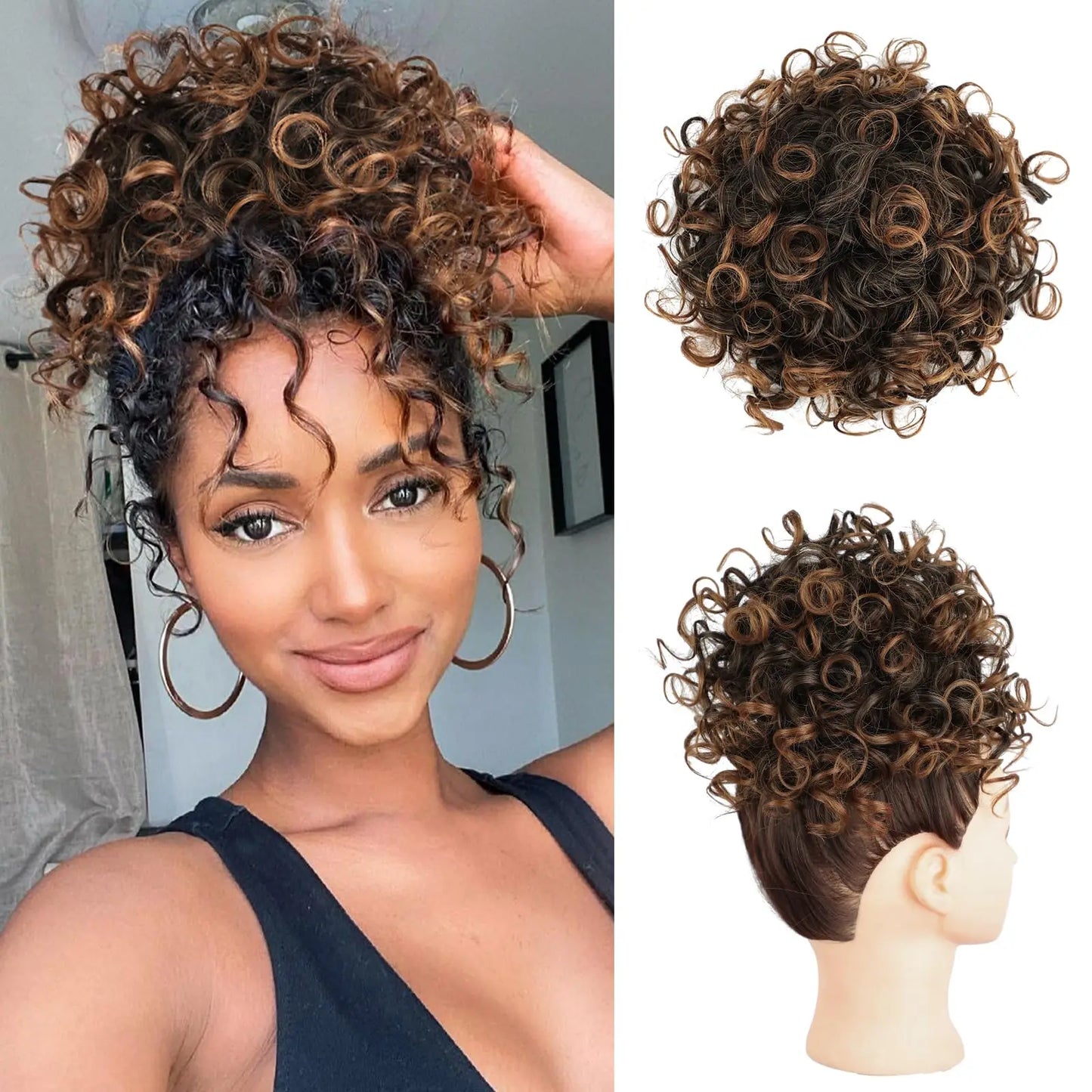 Synthetic Messy Bun Hair Piece – 60g Elastic Drawstring Curly Wave Hair Bun Extension for Women (Dark Brown)