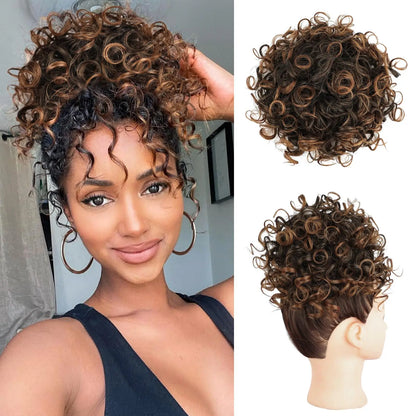 Synthetic Messy Bun Hair Piece – 60g Elastic Drawstring Curly Wave Hair Bun Extension for Women (Dark Brown)