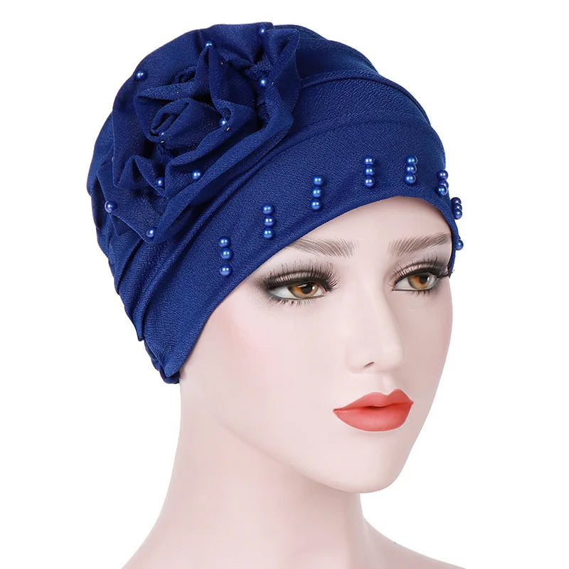 2024 Pearl Embellished Muslim Turban Beanie for Women – Elastic Hijab Headwrap with Flower Chemo Cap