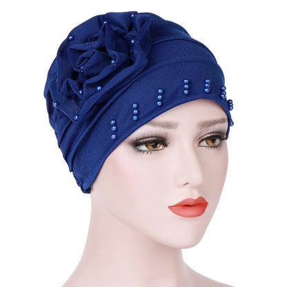 2024 Pearl Embellished Muslim Turban Beanie for Women – Elastic Hijab Headwrap with Flower Chemo Cap