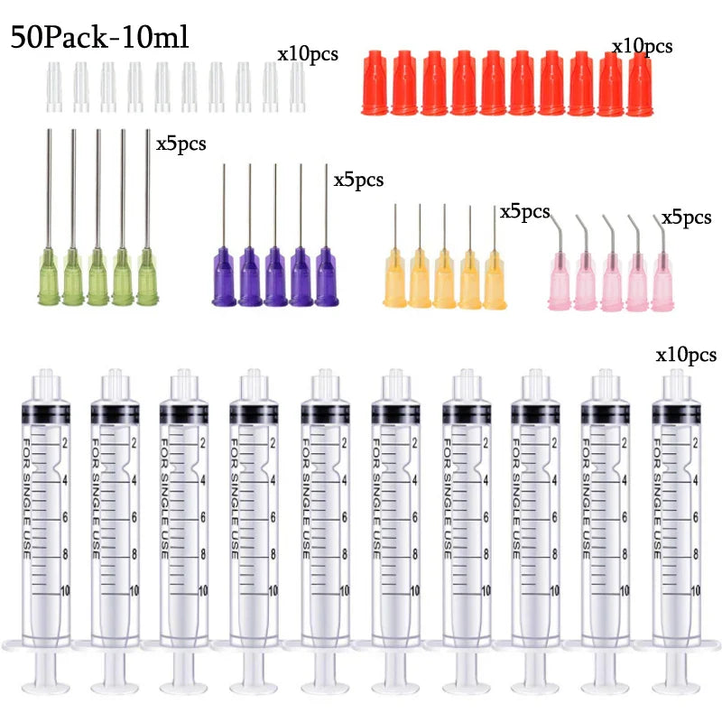 50-Pack Syringes with Blunt Tip Needles — 14G-23G with Caps for Refilling & Measuring Liquids
