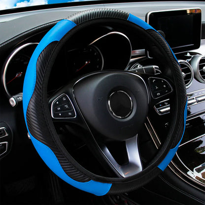 PU Carbon Fiber Leather Steering Wheel Cover — No Inner Ring, Fits 14.5-15 Inch Cars