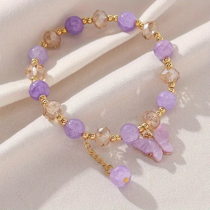 Purple Butterfly Charm Beaded Stretch Bracelet – Multi-Color Crack Faceted Beads, Cute Jewelry Gift for Women & Girls