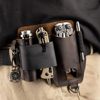 Men’s Leather EDC Belt Sheath Organizer – Pocket Multitool Pouch with Pen & Flashlight Holder