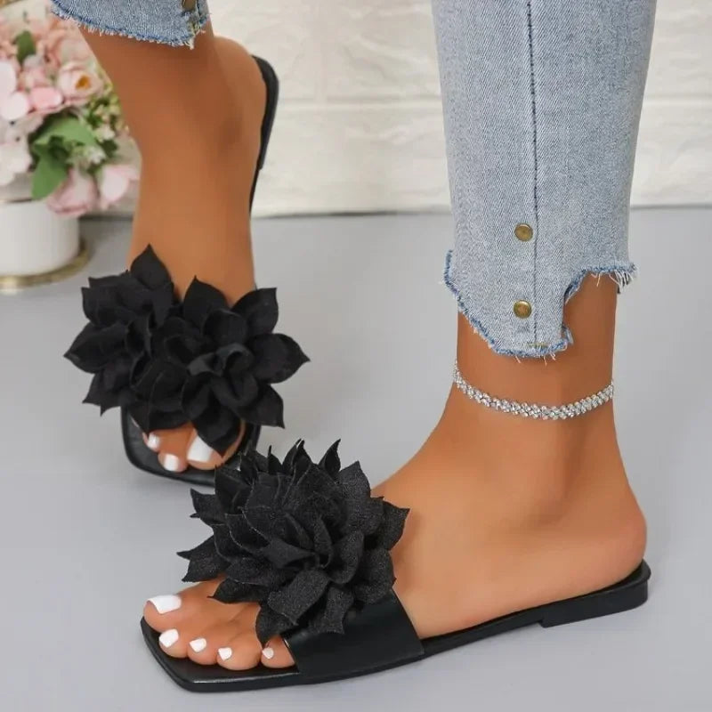 Women's Floral Flat Slippers - Solid Color Open-Toe Summer Beach Slides