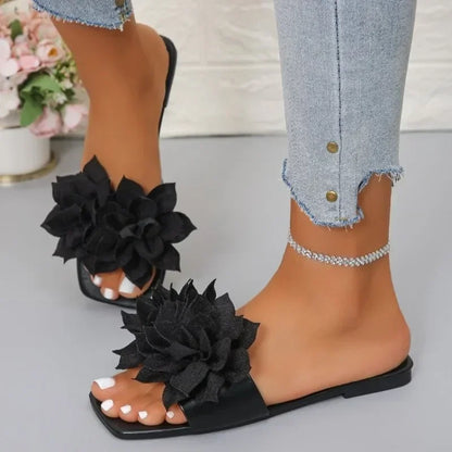 Women's Floral Flat Slippers - Solid Color Open-Toe Summer Beach Slides