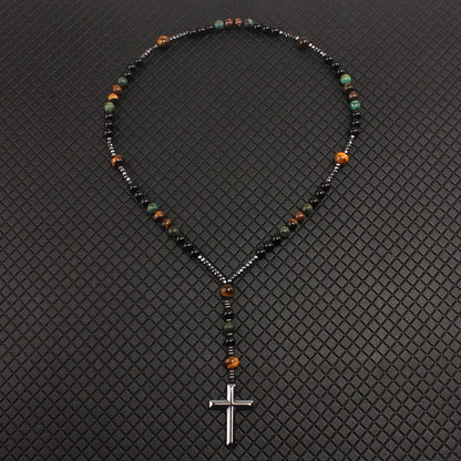 Natural Stone African Turquoise & Tiger Eye Rosary Necklace – Beaded Cross Pendant Religious Jewelry for Men & Women Spiritual Gift