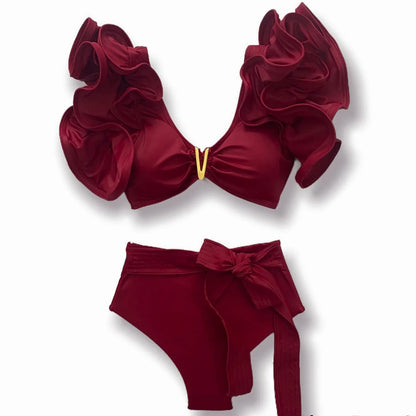Sporlike V-Neck Ruffled Bikini Set – High Waist Sexy Printed Two-Piece Swimsuit for Women 2025