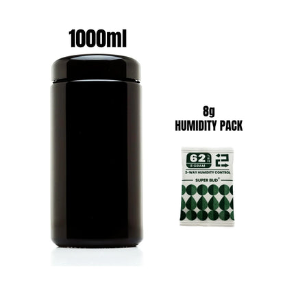 Airtight UV Glass Jar — Smell-Proof 1/2oz-1L Container with 2-Way 62% Humidity Pack to Keep Goods Fresh