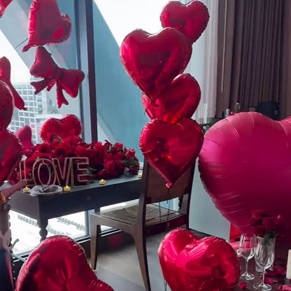 Red Birthday Balloon Set - Heart Foil Balloons with Bow & Simulated Rose Petals for Valentine’s Day Party Decor