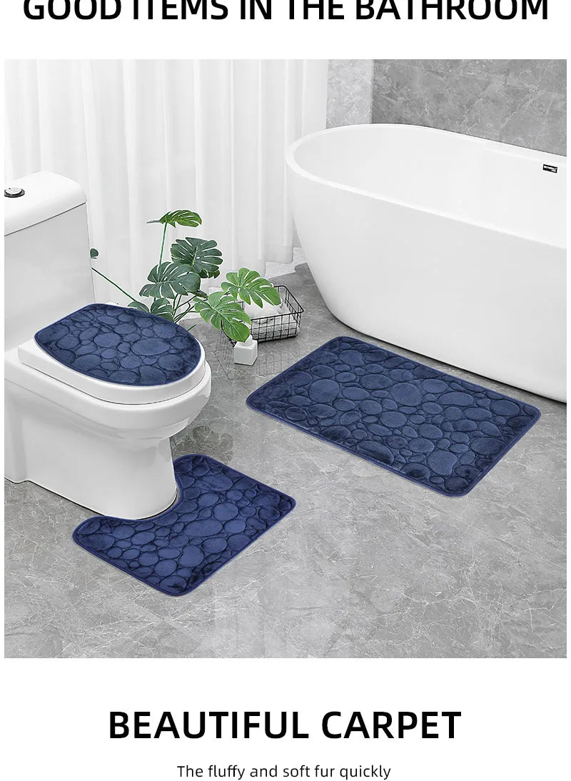 Solid Color Simple Bathroom Mat Set - Water-Absorbing, Non-Slip Stone Pattern, Comfortable & Soft (3PC)